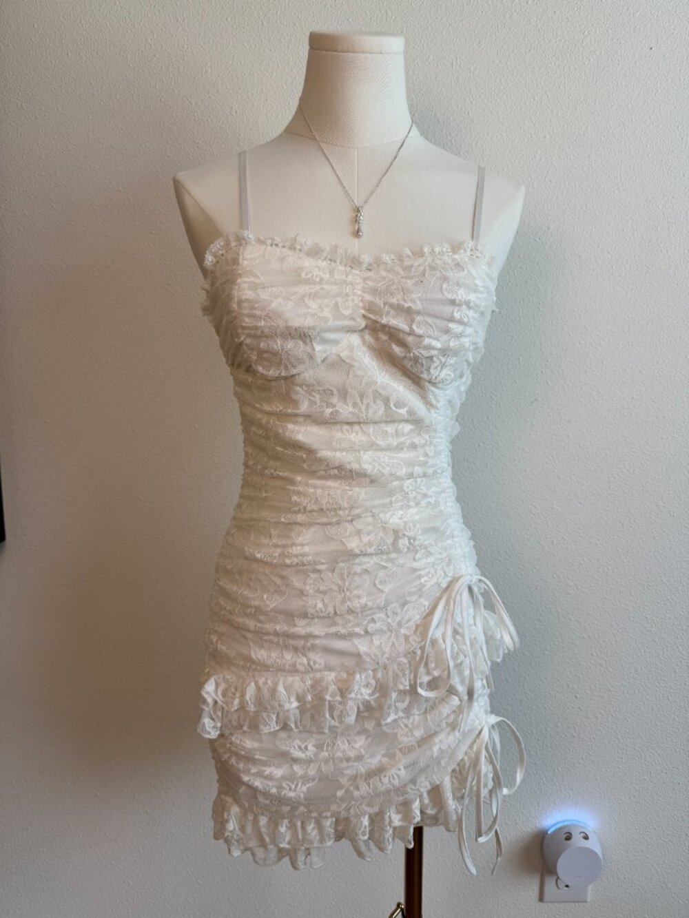 Fashion Nova White Lace Ruched Ruffle Tiered Mini Dress
